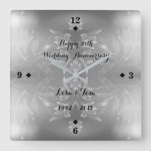 Elegant Flower 25th Silver Wedding Anniversary Square Wall Clock