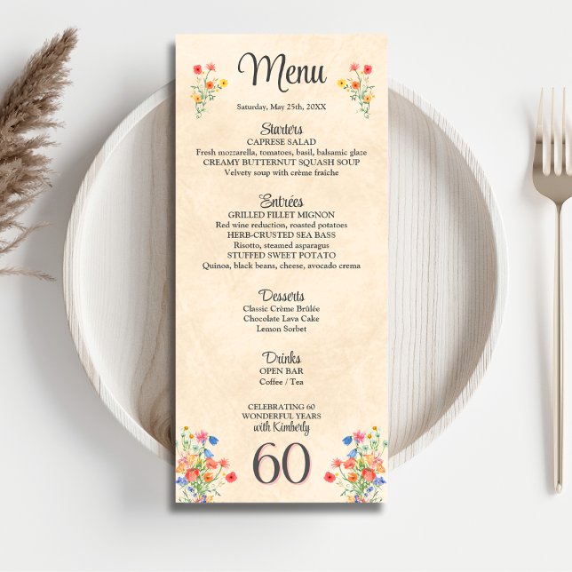 Elegant Flower 60 Years Party Floral 60th Birthday Menu (Creator Uploaded)