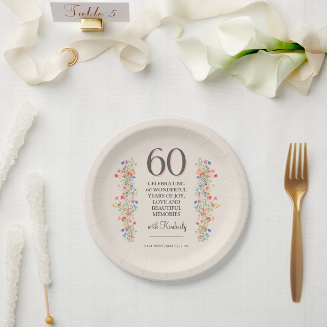 Elegant Flower 60 Years Party Floral 60th Birthday Paper Plate (Wedding)
