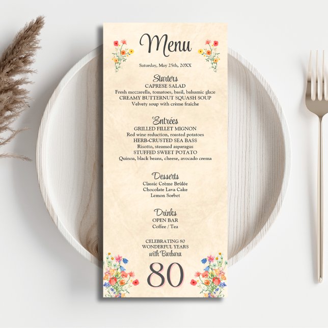 Elegant Flower 80 Years Party Floral 80th Birthday Menu (Creator Uploaded)