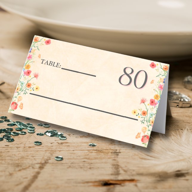 Elegant Flower 80 Years Party Floral 80th Birthday Place Card (Creator Uploaded)