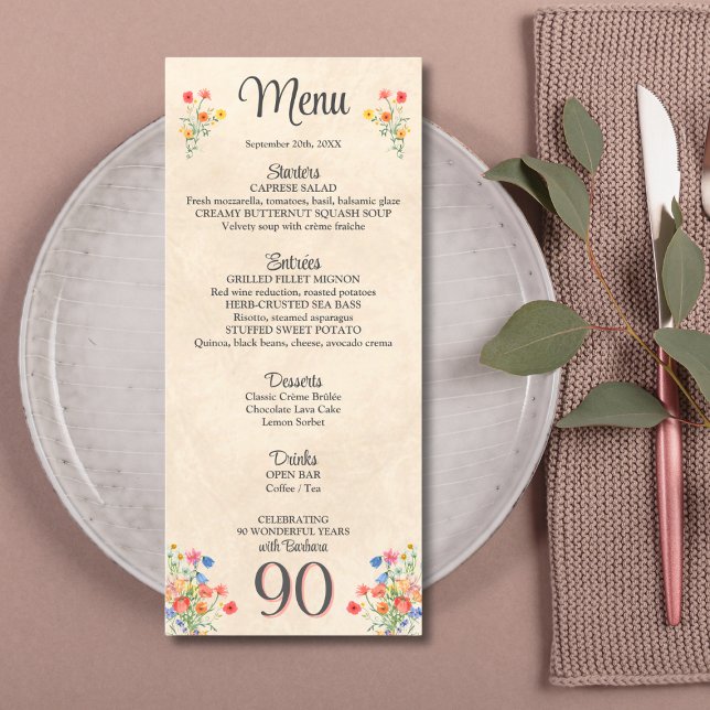 Elegant Flower 90 Years Party Floral 90th Birthday Menu (Creator Uploaded)