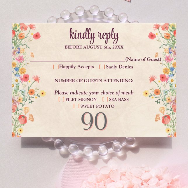Elegant Flower 90 Years Party Floral 90th Birthday RSVP Card (Creator Uploaded)