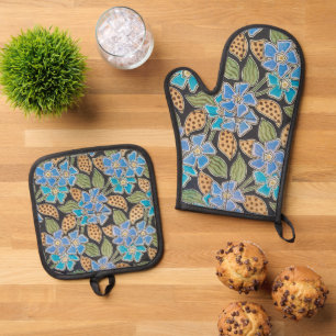 Elegant Flower Blue Periwinkle Floral Classic Oven Mitt & Pot Holder Set