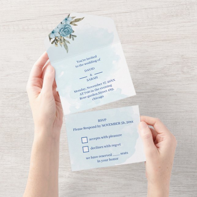 Elegant Flower Blue Personalised Wedding All In One Invitation (Tearaway)