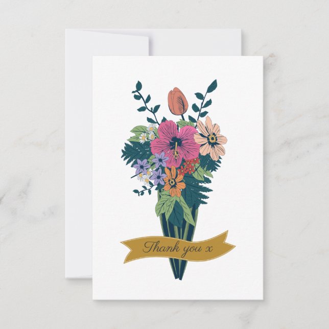 Elegant Flower Bouquet Ribbon Thank You Card (Front)