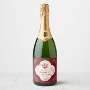 Elegant Flower Double Xi Chinese Wedding Sparkling Wine Label