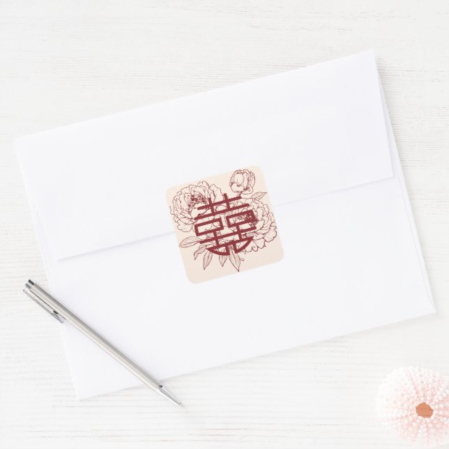 Elegant Flower Double Xi Chinese Wedding Square St Sticker (Envelope)