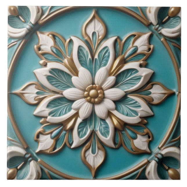 Elegant Flower Faux Relief Classy Turquoise Floral Tile (Front)