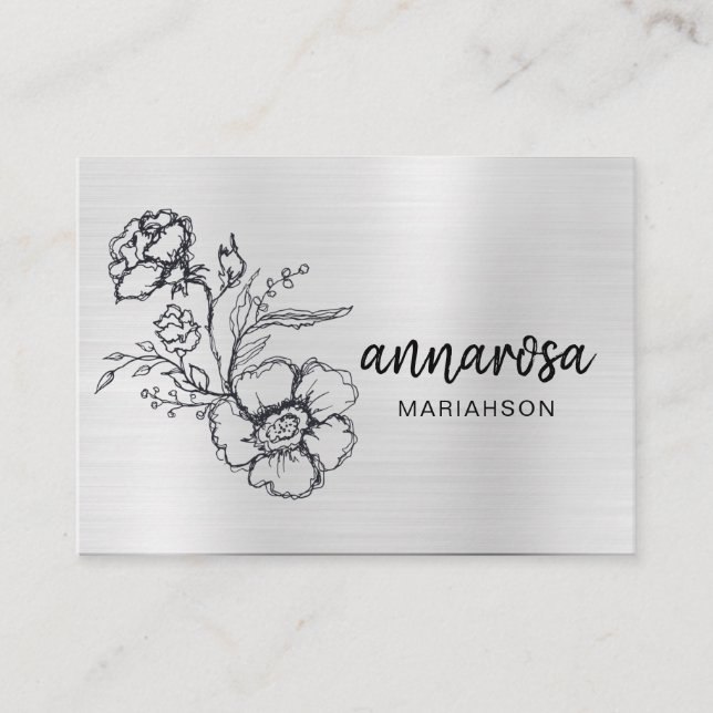 *~* Elegant Flower Floral Silver LOGO PHOTO QR Business Card (Front)