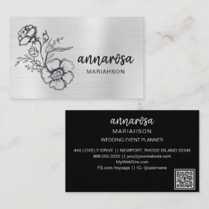 *~* Elegant Flower Floral Silver QR LOGO PHOTO Business Card