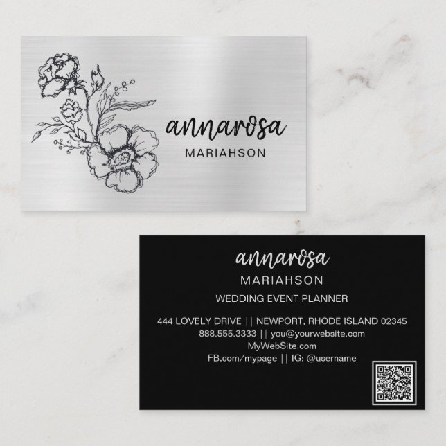 *~* Elegant Flower Floral Silver QR LOGO PHOTO Business Card (Front/Back)