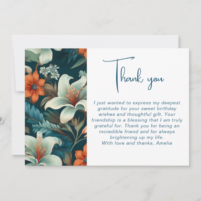 Elegant Flower Foliage Pattern Birthday  Thank You Card (Front)
