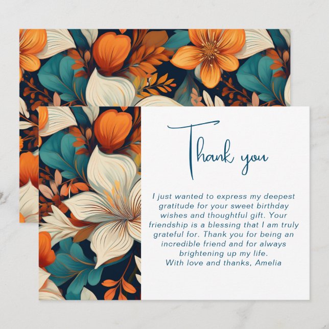 Elegant Flower Foliage Pattern Birthday  Thank You Card (Front/Back)