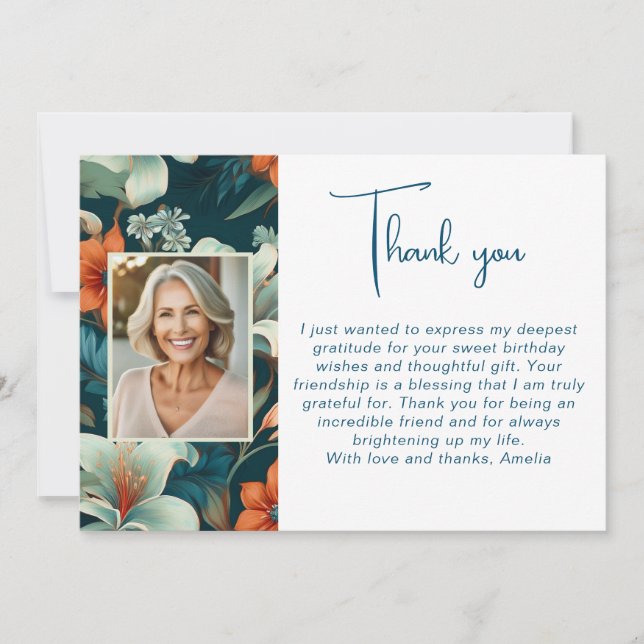Elegant Flower Foliage Pattern Photo Birthday  Thank You Card (Front)