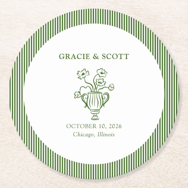 Elegant Flower Garden Party Classic Green Wedding Round Paper Coaster (Front)