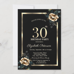 Elegant Flower Gold Frame Black 30th Birthday  Invitation