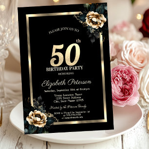 Elegant Flower Gold Frame Black 50th Birthday  Invitation