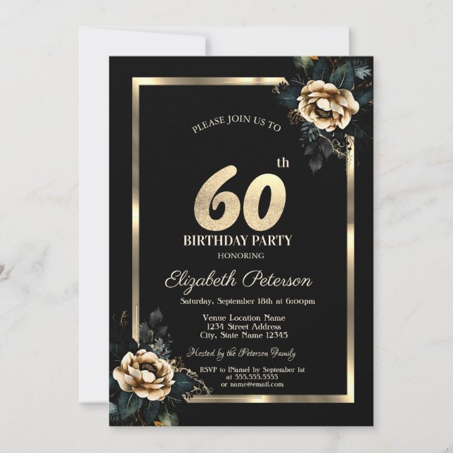 Elegant Flower Gold Frame Black 60th Birthday  Invitation (Front)