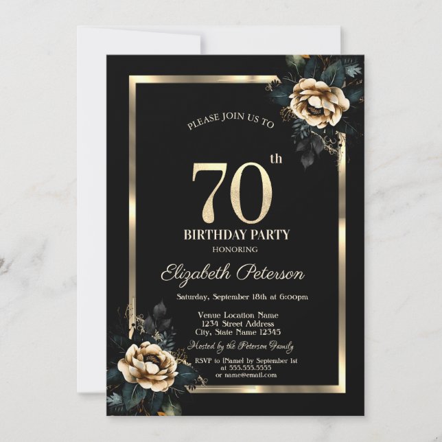 Elegant Flower Gold Frame Black 70th Birthday  Invitation (Front)