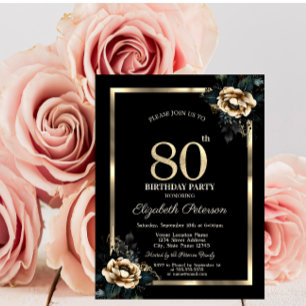 Elegant Flower Gold Frame Black 80th Birthday  Invitation