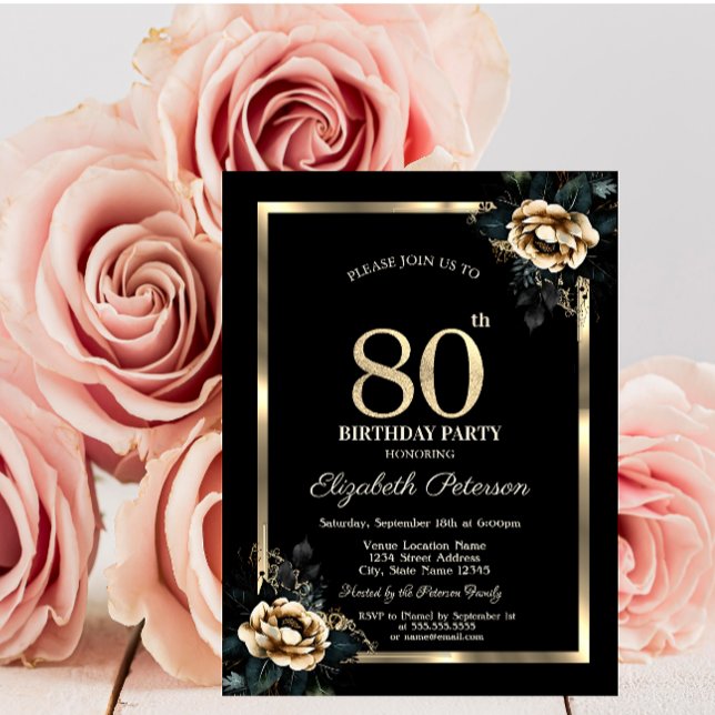 Elegant Flower Gold Frame Black 80th Birthday  Invitation (Creator Uploaded)