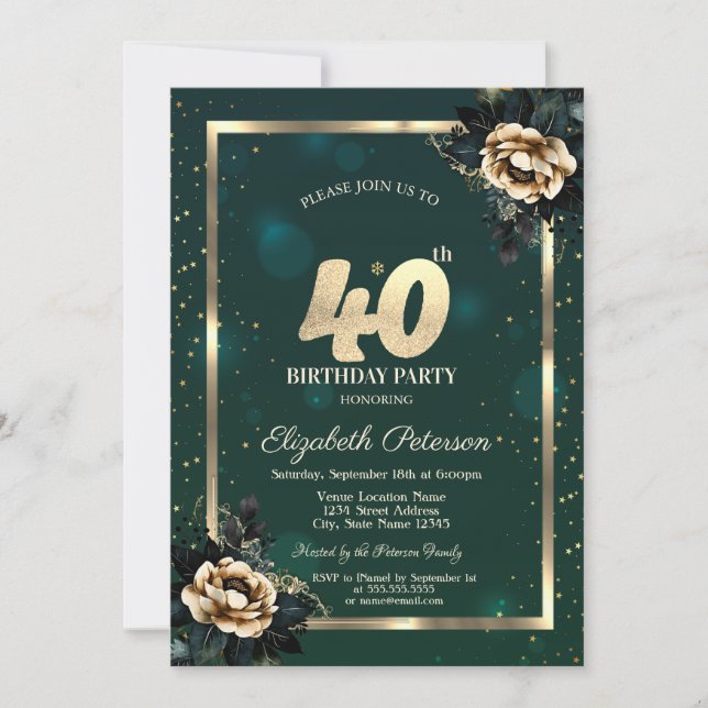 Elegant Flower Gold Frame Stars Green 40th Invitation (Front)