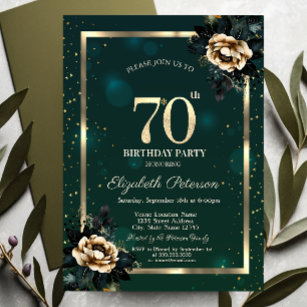 Elegant Flower Gold Frame Stars Green 70th Invitation