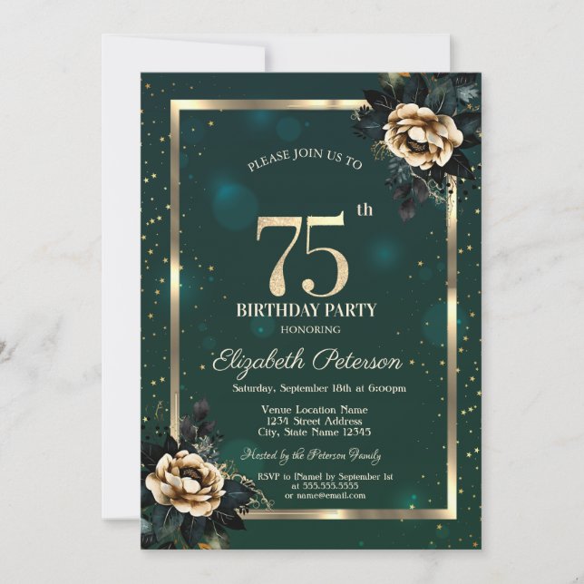Elegant Flower Gold Frame Stars Green 75th Invitation (Front)