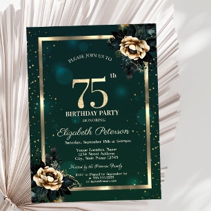 Elegant Flower Gold Frame Stars Green 75th Invitation