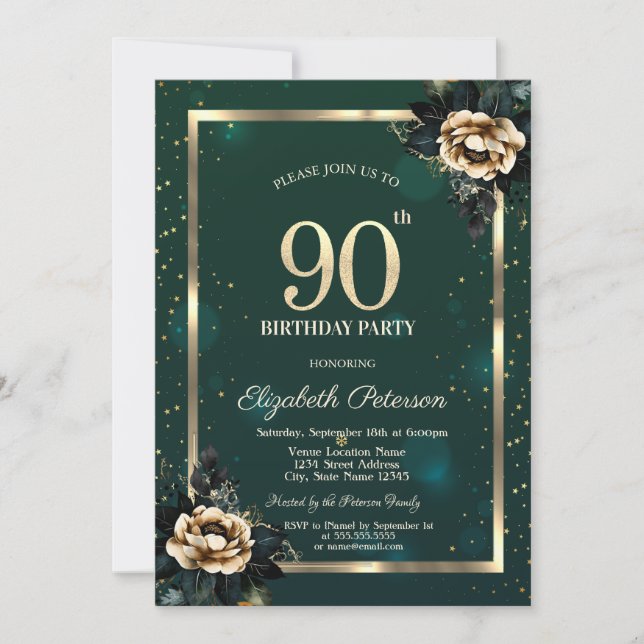 Elegant Flower Gold Frame Stars Green 90th  Invitation (Front)