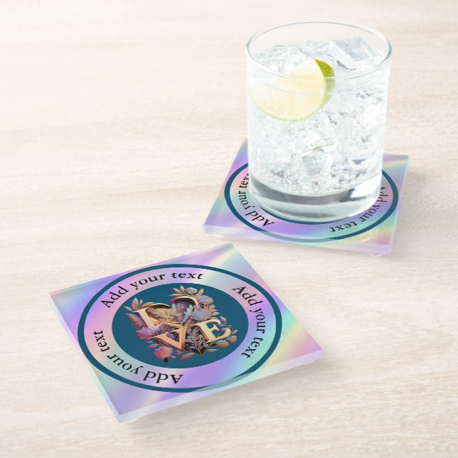 Elegant Flower, Heart and Golden Love Glass Coaster (Angled)