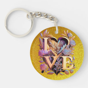 Elegant Flower, Heart and Golden Love Key Ring