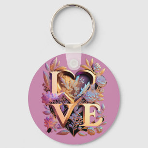 Elegant Flower, Heart and Golden Love Key Ring