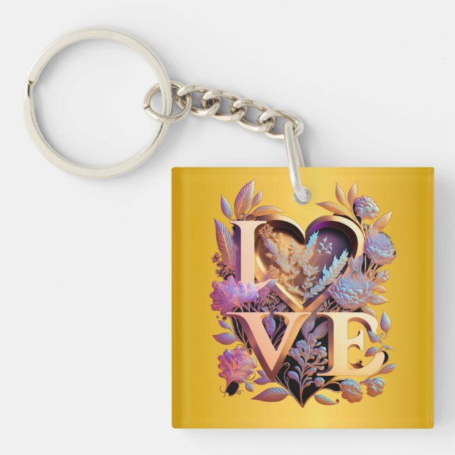 Elegant Flower, Heart and Golden Love Key Ring (Front)