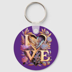 Elegant Flower, Heart and Golden Love Key Ring