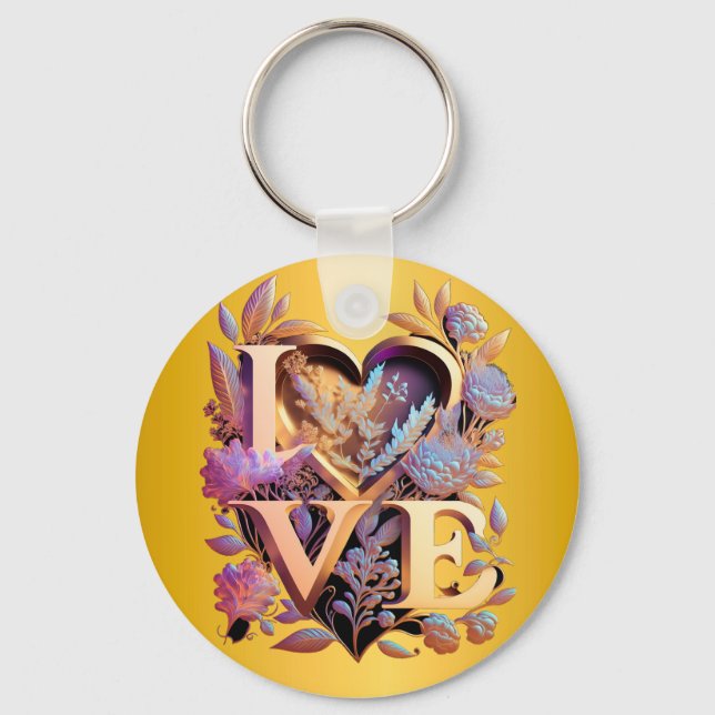Elegant Flower, Heart and Golden Love Key Ring (Front)