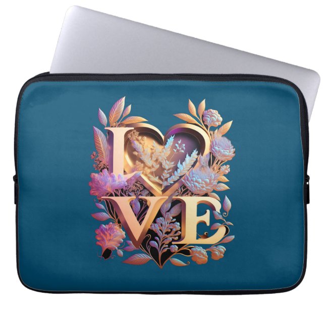Elegant Flower, Heart and Golden Love Laptop Sleeve (Front)