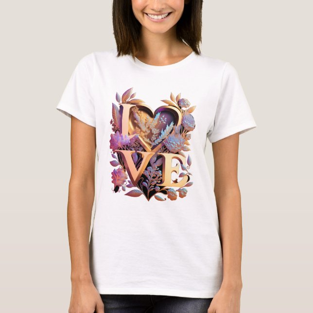 Elegant Flower, Heart and Golden Love T-Shirt (Front)