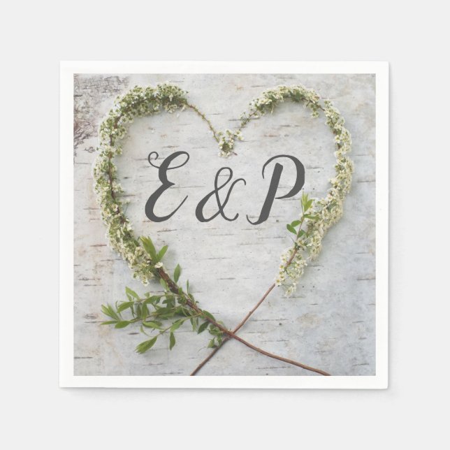 Elegant flower heart rustic birch bark wedding napkin (Front)