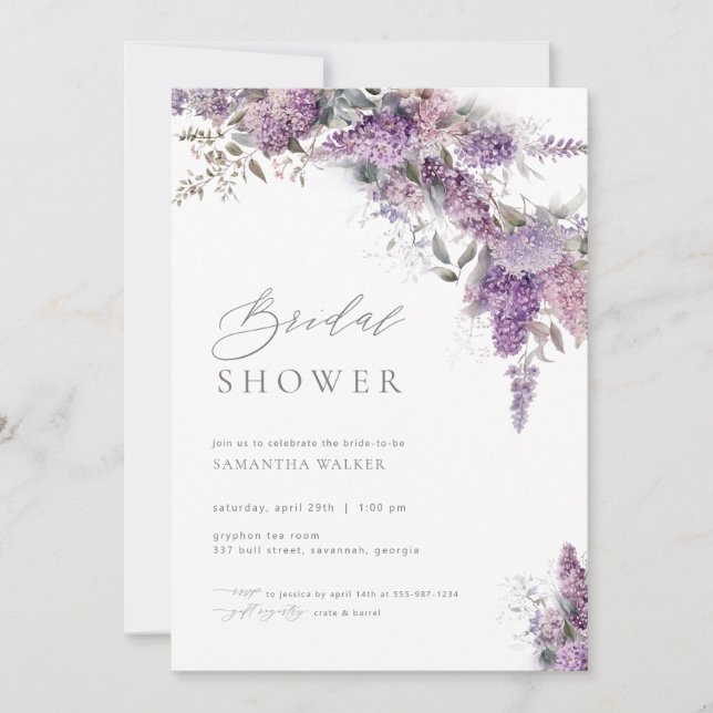 Elegant Flower Lilac Bridal Shower Invitation  (Front)