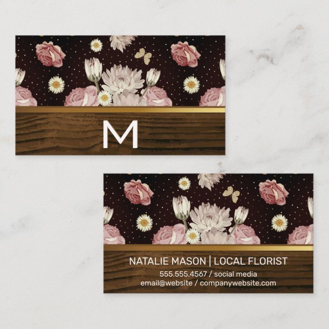 Elegant Flower Pattern Butterfly | Gold Wood Trim Business Card (Front/Back)