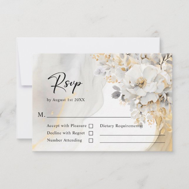 Elegant Flower Peony Gold Grey Black Wedding RSVP Card (Front)