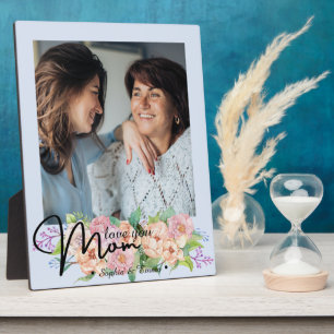Elegant Flower Script Love You Mum Photo  Plaque
