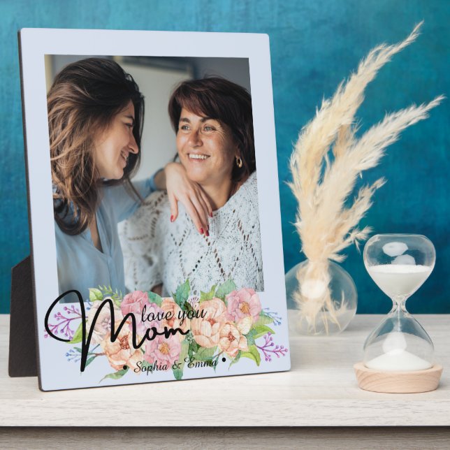 Elegant Flower Script Love You Mum Photo  Plaque (Side)