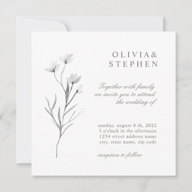 Elegant Flower. Simple Formal black white Wedding Invitation (Front)