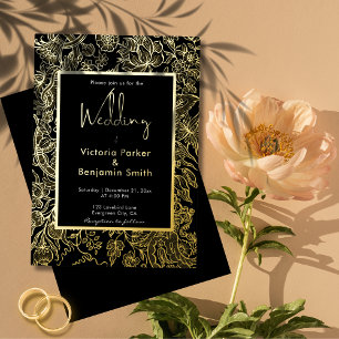 Elegant Flower Sketch Frame Black Gold Wedding