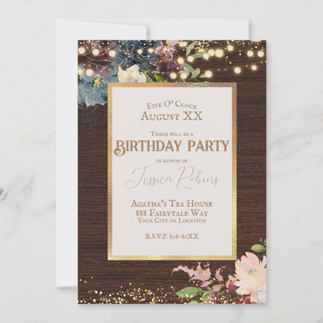 Elegant Flowers and Fairy Lights on Wood Invitation (Front)