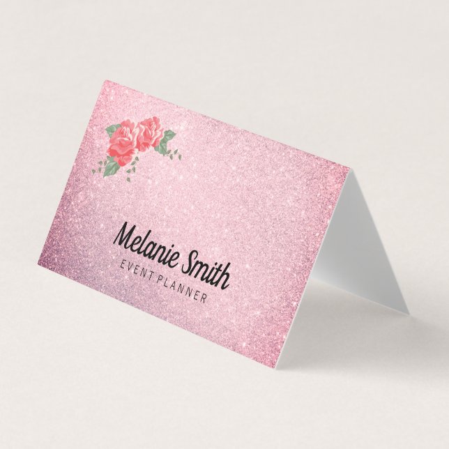 Elegant Flowers and Glitter (pink) Business Card (Front)