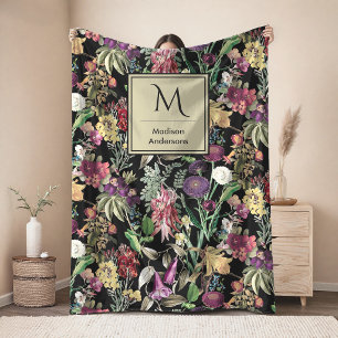 Elegant flowers and leaves black floral fleece blanket